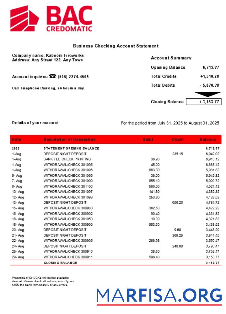 Realistic BAC Credomatic enterprise statement Word and PDF format (1) real example